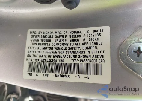 2012 Honda Civic Lx z USA, uszkodzony, nr VIN 19XFB2F5XCE361430